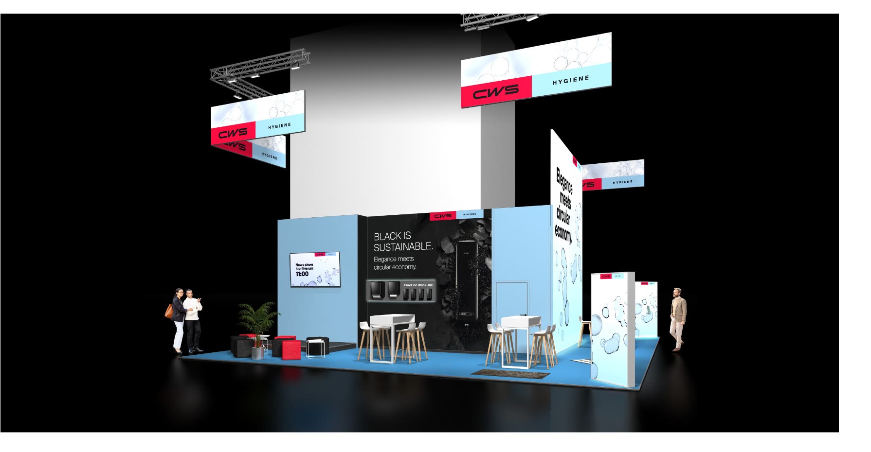 3D-Visualisierung des Messestands von CWS Hygiene mit Traversen, Leuchtflächen und Besprechungsbereich