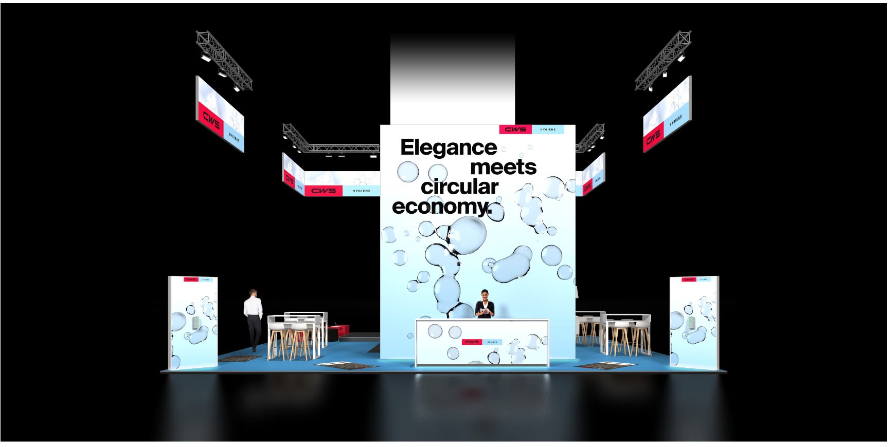 3D-Visualisierung Messestand CWS Hygiene aus dem Standkonzept von Marten Messe Management