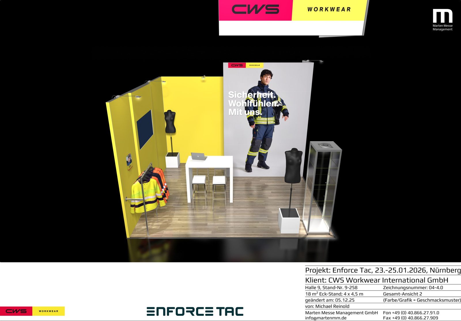 3D-Ansicht des Messestands von CWS Workwear aus dem Standkonzept, Blick in den Stand