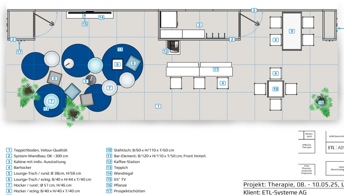 Grundriss des Messestands von ETL Advision für die therapie Leipzig 2025 mit Lounge, Kaffeestation und Prospektregal