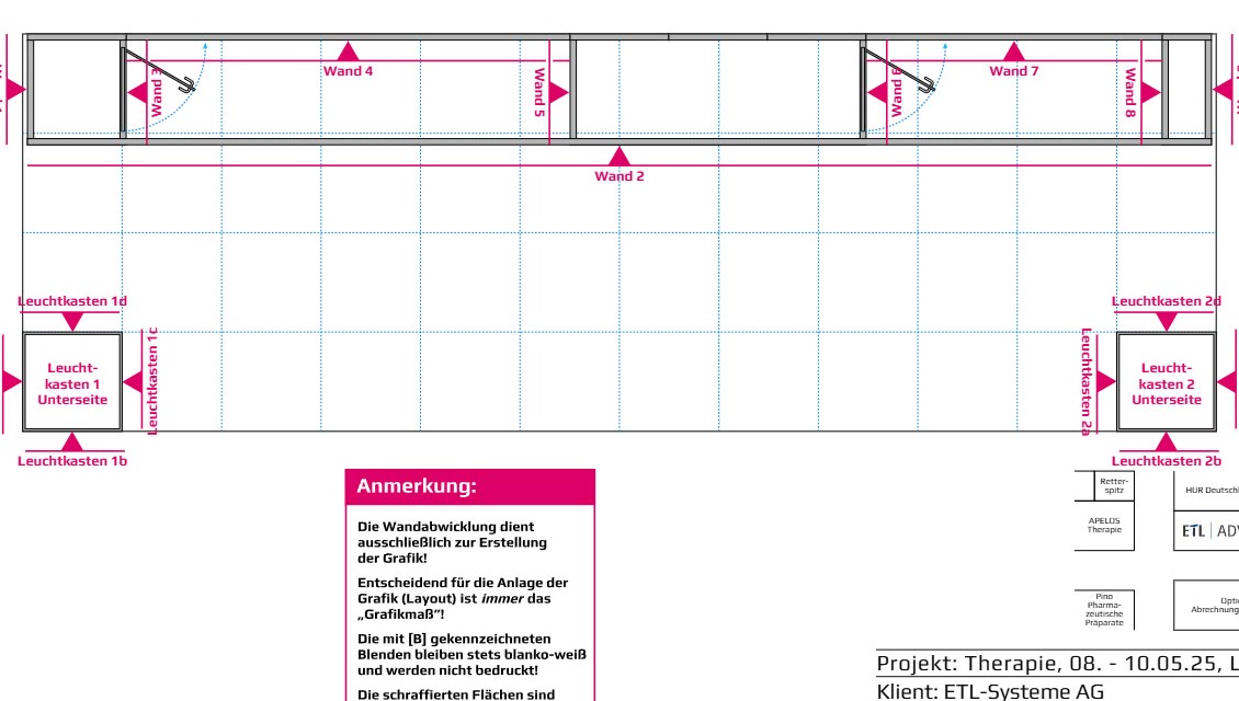 Wandabwicklung des Messestands von ETL Advision mit Maßen für Wände und Leuchtkästen